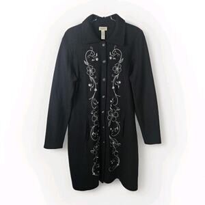 Classic Elements Long Duster Cardigan Black Sweater White Floral Embroidery Lrg